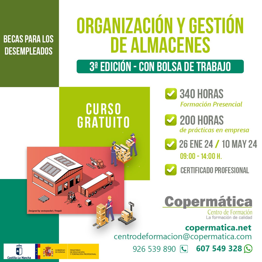 📚 Certificado de Profesionalidad gratuito, con bolsa de trabajo ORGANIZACIÓN Y GESTIÓN DE ALMACENES 26 de enero - Becas para desempleados Más info: 📱 607549328 📞 926539890 📧 centrodeformacion@copermatica.com 🏢 Lugar: Copermática Centro de Formación - Tomelloso