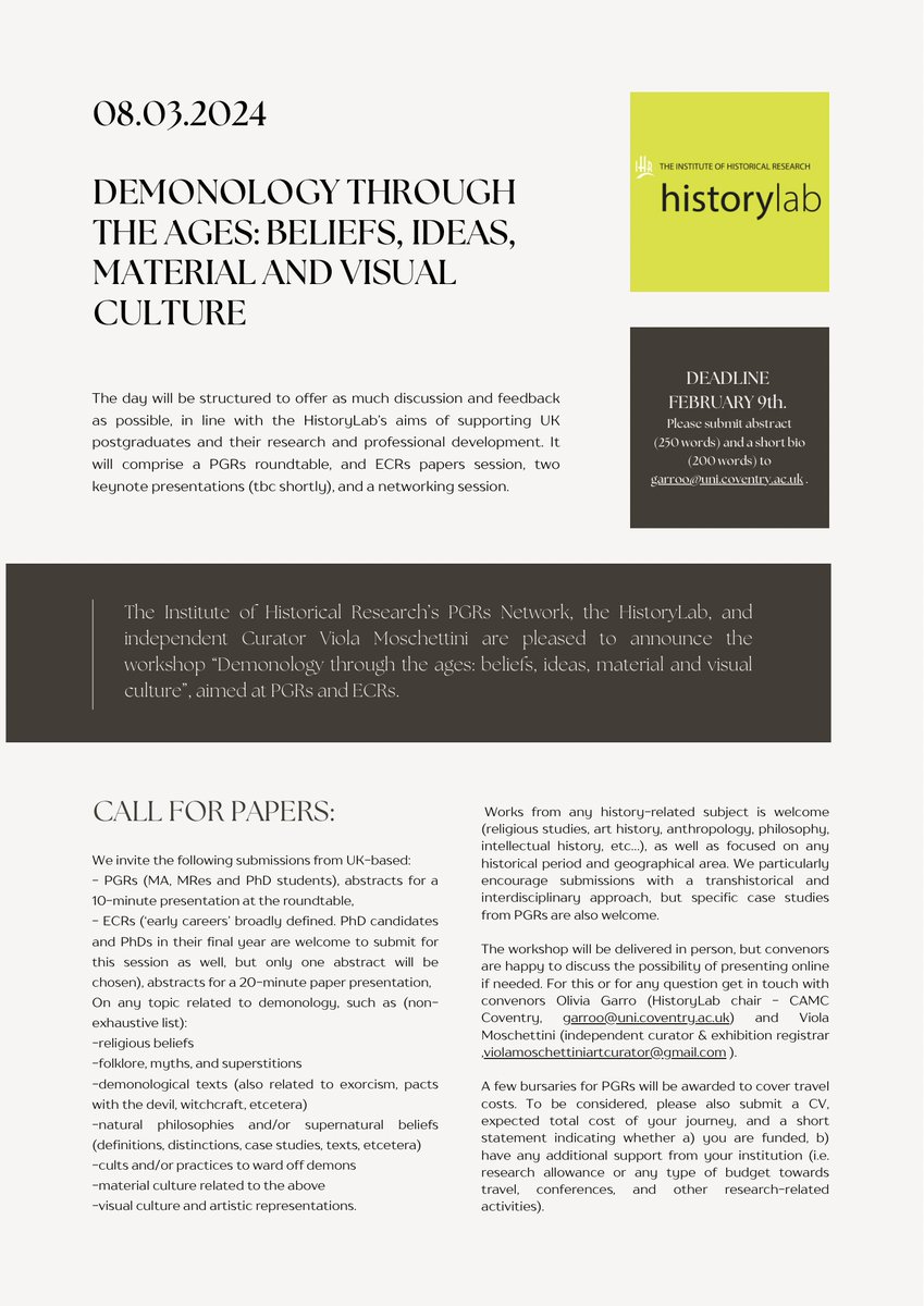 🔊 Doing research on myths, demonology, or supernatural beliefs? If you are then take a look at the #cfp below!🪄

We are pleased to be working with independent curator Viola Moschettini for this conference and are excited to read your abstracts!

Deadline is Friday 9th Feb!👻