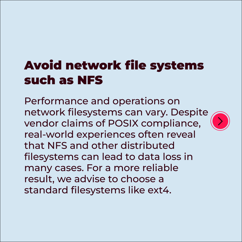 How to select the right filesystem for @PrometheusIO to minimize the risk of data loss? 💽 Follow our page and hit the 🔔 for updates in the top right corner. Do you want +20 tips today? Share this post and drop a 🙌 in the our inbox. We'll slide those tips into your inbox!