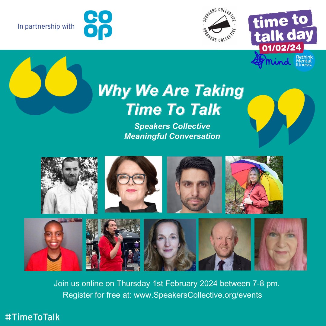 Register now us for our online #TimeToTalk Meaningful Conversation. 📅 Date: Thursday 1st February 2024 🕒 Time: 19:00 to 20:00 (online) 🆓 Register: bit.ly/TakingTimeToTa… #TimeToTalk #TakingTimeToTalk #MentalHealthMatters #SpeakersCollective #TimeToTalkDay