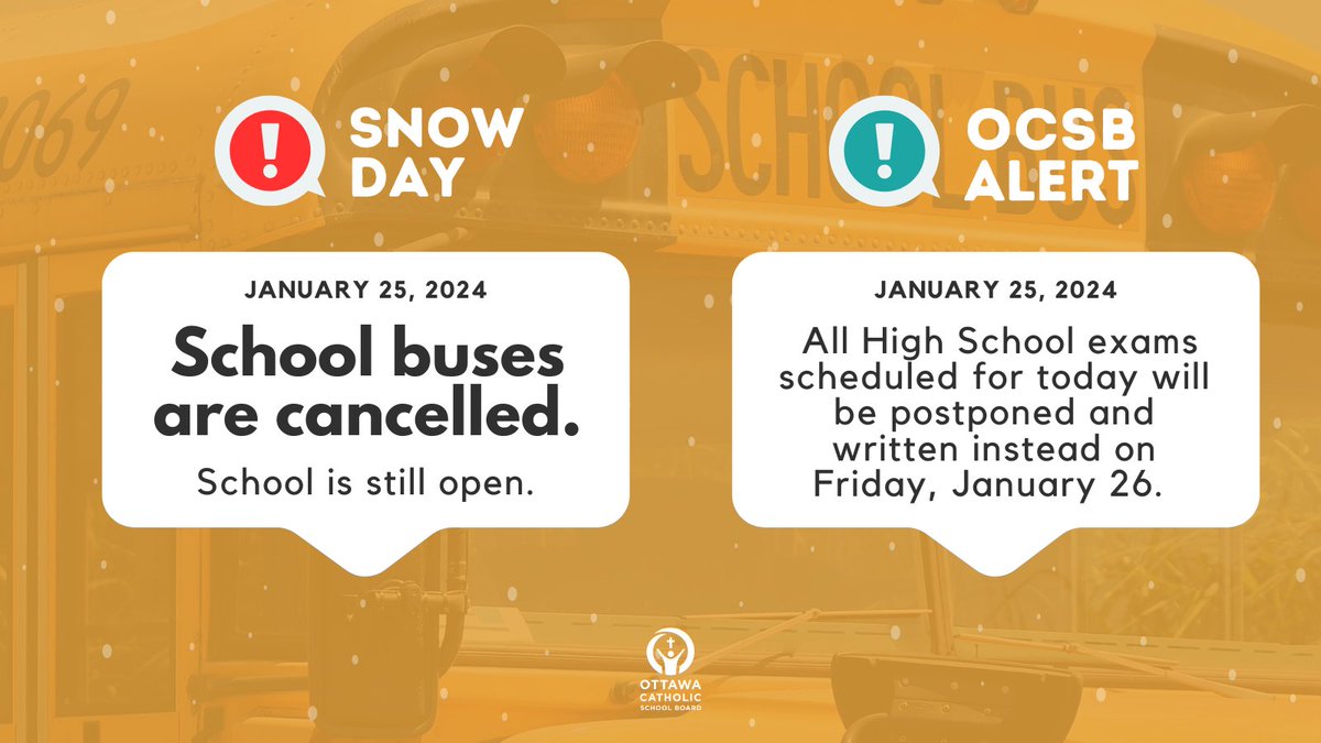 ⚠️ Today is a #SnowDay. @OttSchoolBus has cancelled all buses & vans. All #ocsb schools remain open. Parents who send their children to school will be responsible for transportation to and from school. 1/3