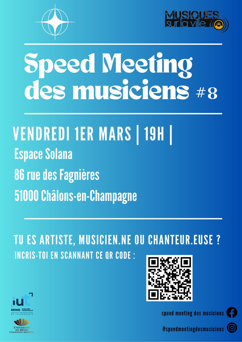 MSVChalons's tweet image. Ça y est, nous avons la date et le lieu pour cette 8ème édition du Speed Meeting des Musiciens !

Voici le lien d'inscription, on vous attends nombreux !

docs.google.com/forms/d/e/1FAI…