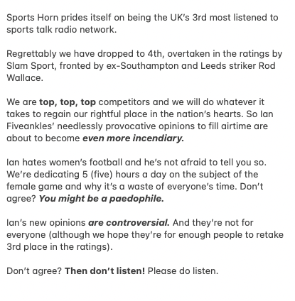 Exploding_Heads's tweet photo. After a ratings wake-up call, we're proud to announce that The Ian Fiveankles Breakfast Show is taking a bold new direction.
Hear why Women's Football is a waste of time and everyone who defends it is a paedophile on this week's Sports Horn https://t.co/UhqFPnjiFl #theirgametoo https://t.co/mnDTYReL1D