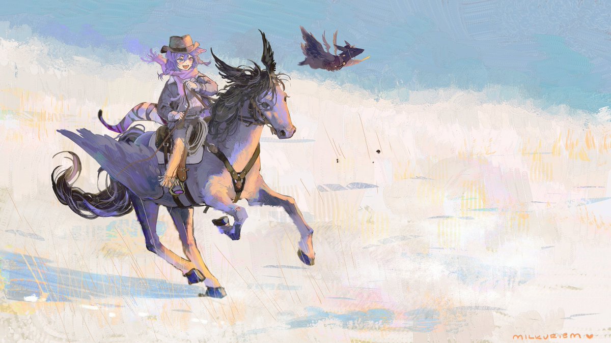 selen tatsuki riding hat horse horseback riding purple hair 1girl purple eyes  illustration images