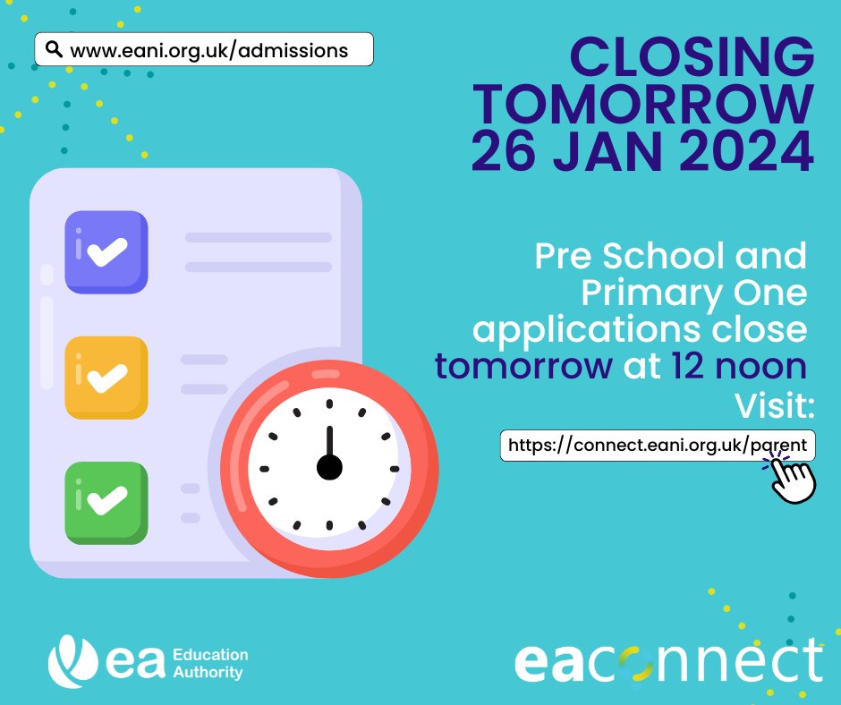 Ed_Authority's tweet photo. Online applications for a pre-school or Primary One place for September 2024 close TOMORROW at 12 noon.

To submit or complete your application visit https://t.co/jsBAoHjcOd

More info at https://t.co/OPdijutmly https://t.co/f8Am9OPE9i