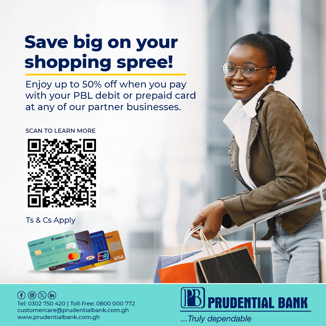 pblghana's tweet photo. Save big when you shop! Use your PBL Debit/Prepaid Card and enjoy up to 50% off at our partner businesses. Terms &amp; Conditions Apply
#DiscountPromo
#PrudentialBankGh
#TrulyDependable https://t.co/Us4qr3FSuu