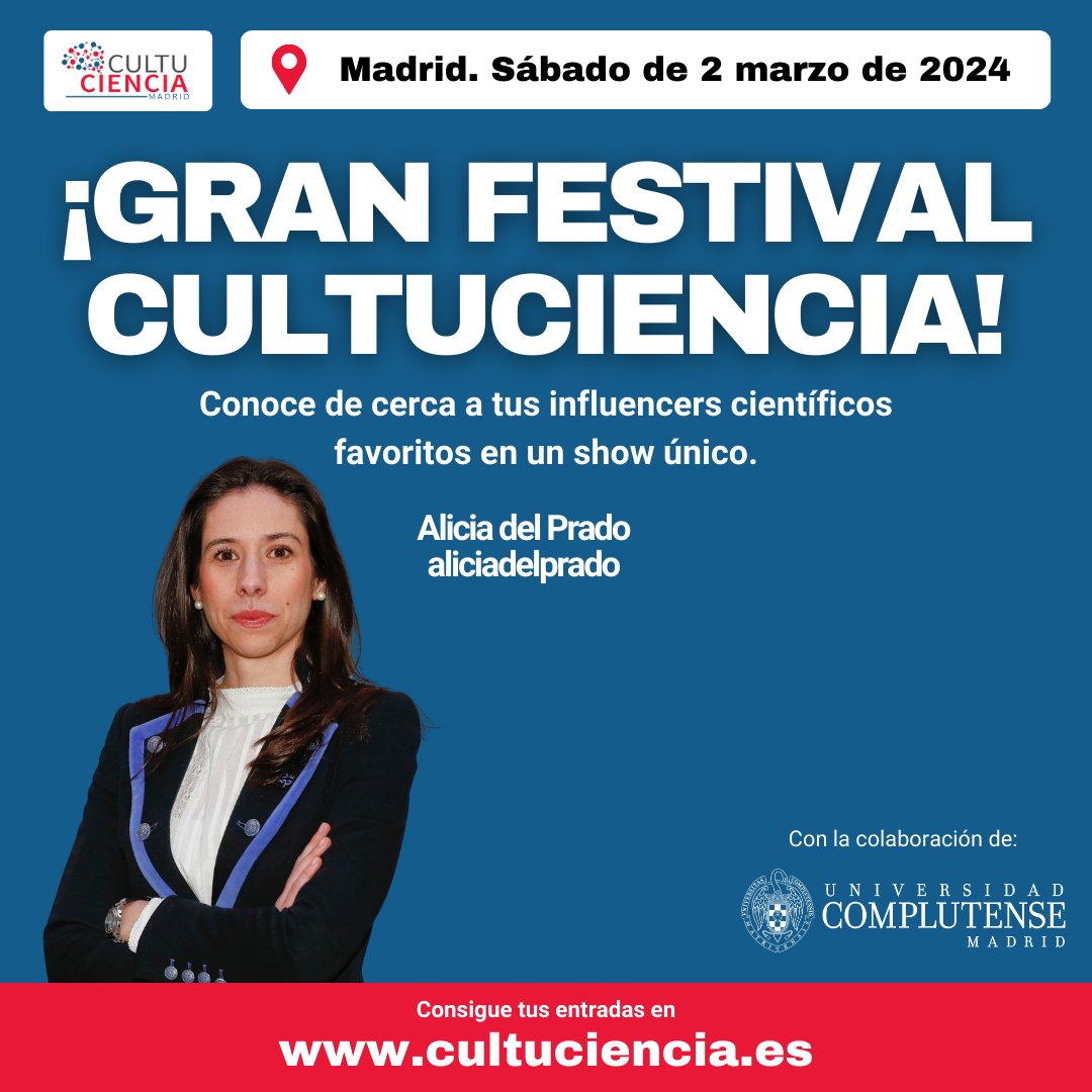 ¡ @AliciadelPrado se une a #CultuCiencia2024 para cerrar un cartelazo en esta primera edición de la gran fiesta de la divulgación! 🙌 ¿A qué esperas para comprar tus entradas? 🎟 👉 ¡Más información en cultuciencia.es!