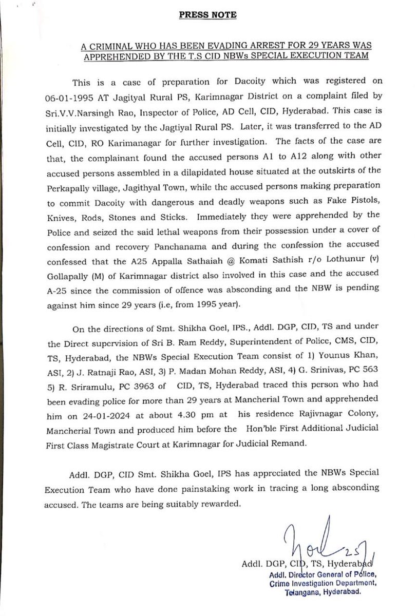CIDTelangana's tweet photo. #PressNote 
#Arrest
On the directions of Smt. #ShikhaGoel, IPS, ADG, CID and supervision of Sri B. Ramreddy, SP, CMS, CID one accused Appala Sathaiah @ Komati Sathish r/o. Karimnagar was arrested on 24-01-2024 at Manchiryal Town. The accused was evading arrest since 29 years. ADG, CID appreciated the NBW team and suitably rewarded them. 
#TelanganaPolice
@TelanganaDGP