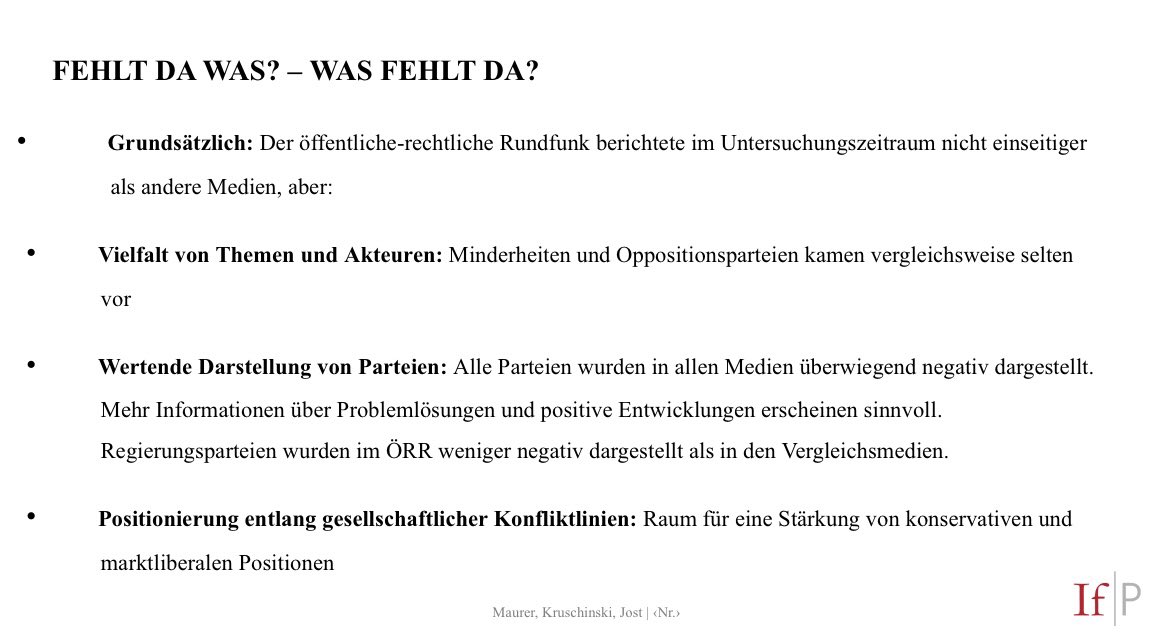 Publikation erschienen 📑 Wir haben Vielfalt & Ausgewogenheit der politischen Berichterstattung in 9 öffentlich-rechtlichen Medienformaten und in 38 privaten Medien verglichen. Die Befunde unserer quantitativen Inhaltsanalyse von knapp 10.000 Medienbeiträgen kurz zusammengefasst: