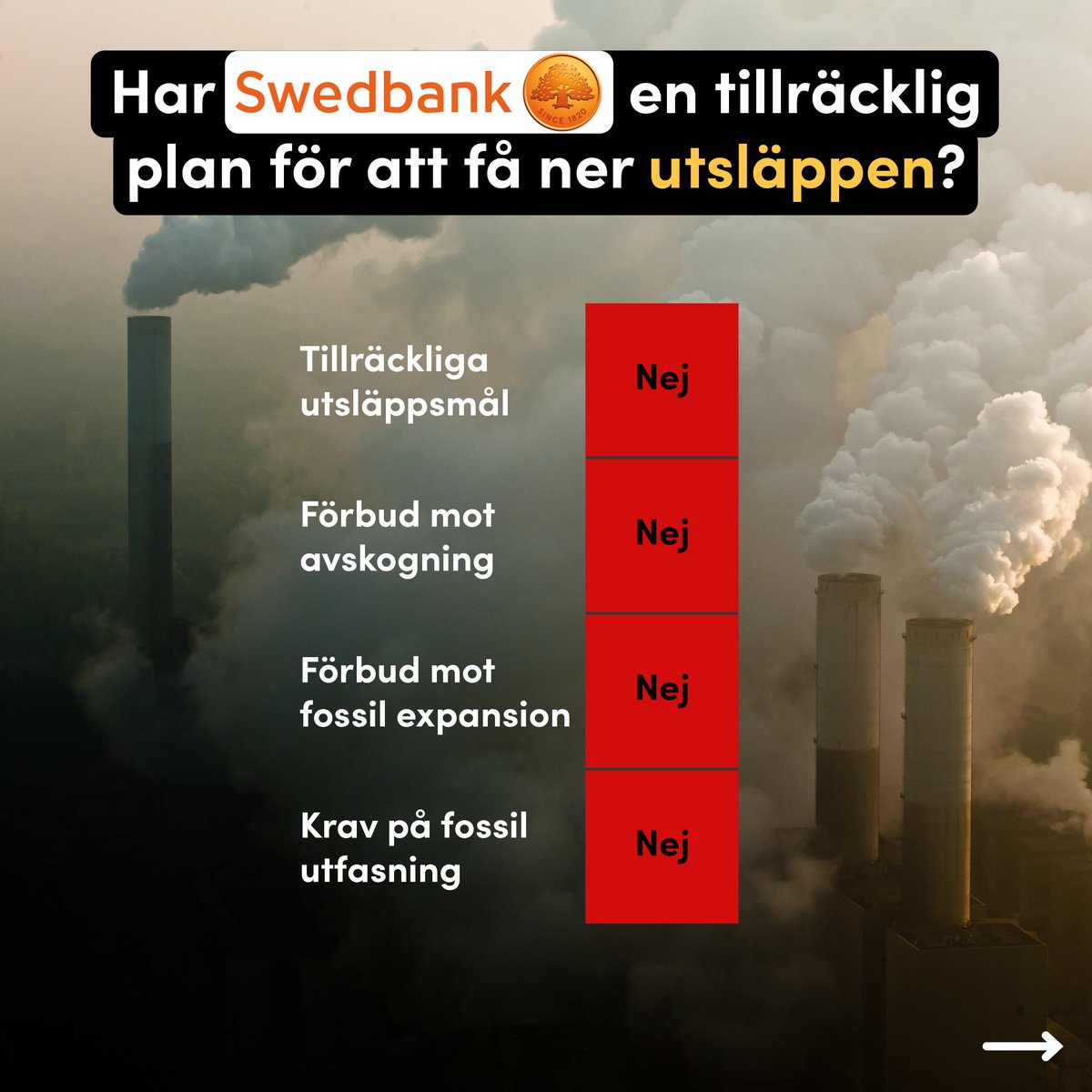Fair Finance Guide (@fairfinancese) on Twitter photo Storbanken <a href="/Swedbank/">Swedbank Sverige</a> gör ny rekordvinst men eldar på klimatkrisen med lån till fossil expansion och saknar tillräckliga planer för att ställa om. Dags att bli en del av lösningen på klimatkrisen Swedbank, det förväntas av svenska bankkunder!
Läs mer tinyurl.com/bd7bdkhz Storbanken <a href="/Swedbank/">Swedbank Sverige</a> gör ny rekordvinst men eldar på klimatkrisen med lån till fossil expansion och saknar tillräckliga planer för att ställa om. Dags att bli en del av lösningen på klimatkrisen Swedbank, det förväntas av svenska bankkunder!
Läs mer tinyurl.com/bd7bdkhz