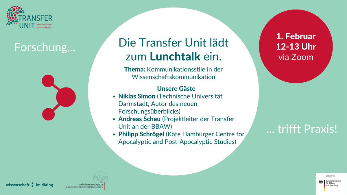 Was sagen Praxis und Forschung zu Kommunikationsstilen in der #Wisskomm? Wir diskutieren den neuen Forschungsüberblick der #TransferUnit gemeinsam mit dem Autor Niklas Simon und Gästen aus Forschung & Praxis beim Lunchtalk am 1. Februar. Zur Anmeldung: ➡️eveeno.com/147411591