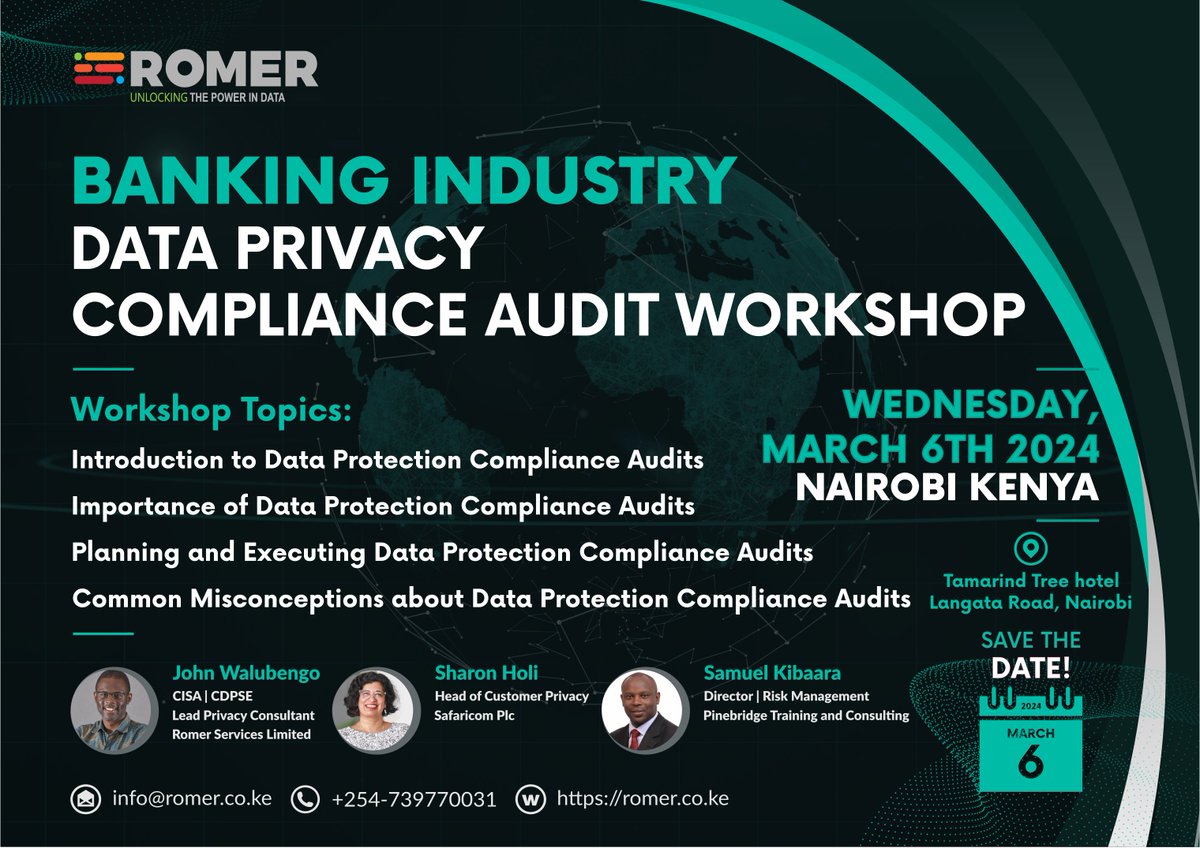 Join us for the Data Privacy Compliance Audit Workshop on March 6th, 2024, at Tamarind Tree Hotel, Nairobi. Tailored for Banking Industry #professionals,key insights into data protection #Audits. Register now #DataPrivacy #ComplianceAudit #BankingIndustry #Workshop2024