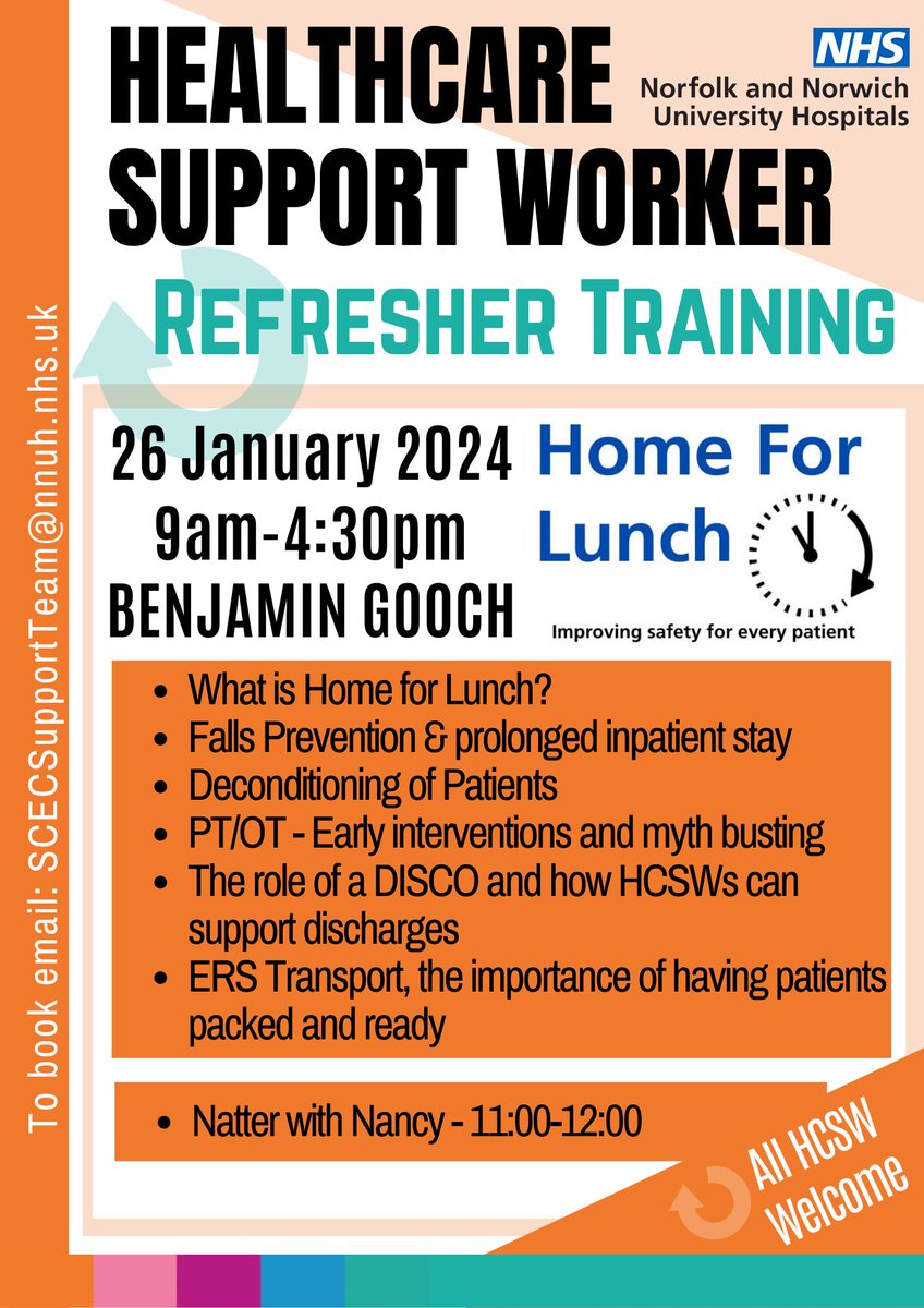 “Home For Lunch”
Healthcare Support Worker Refresher Session

SPACES STILL AVAILABLE - all welcome! <a href="/NNUH/">Norfolk and Norwich University Hospitals</a> <a href="/DrNancyFontaine/">Prof Nancy Fontaine</a> 

#WeAreHCSWs #HomeForLunch #LearningAndDevelopment #ImprovingPatientCare
