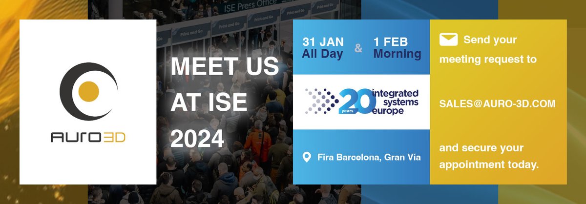 AURO3-D’s CTO Bert Van Daele and CEO Rudy Van Duppen will be attending #ISE2024 1/31 and 2/1 and are taking meetings with key manufacturers, partners, and media! Interested in chatting with us? Email Sales@Auro-3D.com to reserve a spot!

#immersiveaudio #avtweeps #ISE24