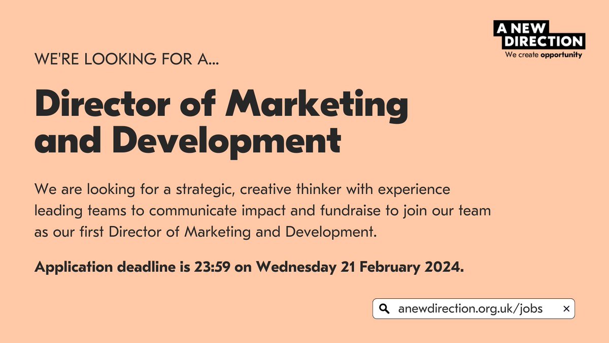 📣 We're hiring! We're looking for a Director of Marketing and Development with expertise in either marketing or development to join our friendly team! ⏰ Deadline: Wed 21 Feb, 11.59pm Visit our website to find out more and apply: bit.ly/3Ue5ERL