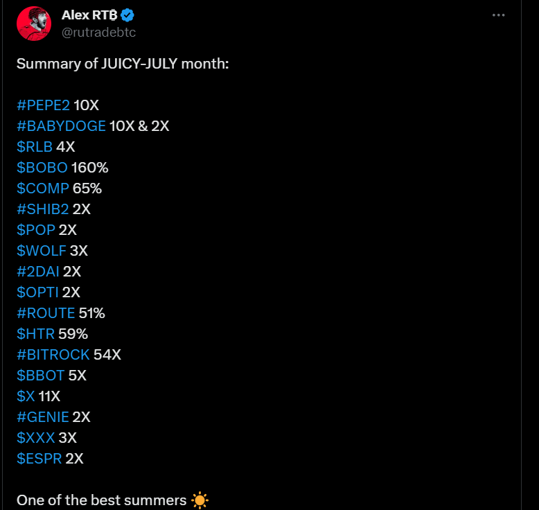 rutradebtc's tweet photo. I hate maths but I love counting Xs on my calls.

Here are some of my best calls which have transformed the lives of many and also caused pain for those who coped and jeeted at the time of buying. 

- $BAZED 71X 
- $BROCK 54X AND 4X 
- $X 21X 
- $PAAL 50X
- $BONK 22X
 - #PEPE2 12X 
- $SEND 10X
- $METAL 10X 
- $ATOR 8X 
- $RLB 8X 
- $NAKA 8X 
- $RIO 7X
- $PROPC 7X 
- $AVAX 6X 
- $DETF 6X
- $SOL 6X 
- #BONK2 6X
- $TAO 5X 
- $KUJI 5X 
- $KAS 5X 
- $HBOT 5X 
- $RNDR 4X 
- $BBOT 4X
- $STACK - 4X 
- $HOUSE 4X 
- $WTK 3X 
- $LINK 3X 
- $EGLD 3X 
- $FXI 3X 
- $XXX 3X 
- $FET 3X 
- $IMX 2X 
- $AKT 2X 
- $ATOM 2X 
- $DIONE 2X 
- $VRA 2X 

And many more, unable to recall them all.

Scared money doesn't make any money, so you better start taking chances and overcome that fear.  

I will tell you how to become rich: just follow me and be fearful when others are greedy, and be greedy when others are fearful.  

Bookmark this tweet, smash some likes and comments, follow me, and turn on notifications to never miss any life-changing updates in the future.
