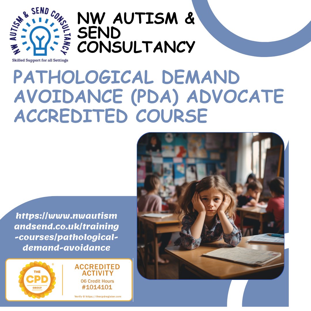 The training is accredited, so you can use the certification of this training on your curriculum vitae to demonstrate your specialist knowledge in supporting individuals with PDA.
Training is 9:00am - 3:00pm online
7th March

#pdaautism #TeacherTraining #caregivers