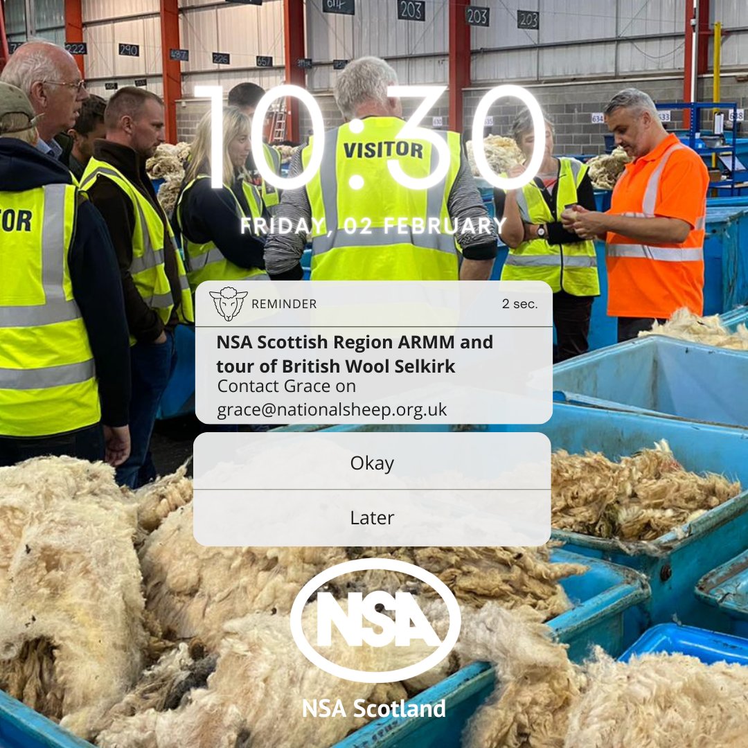 Taking place next week - NSA Scottish Region ARMM and tour of British Wool Selkirk 🐑🗣 📆Friday 2nd February ⏰10.30am 📍Ettrick Riverside, Dunsdale Rd, Selkirk TD7 5EB Find out more and register to attend ⤵ go.nationalsheep.org.uk/jqas9u