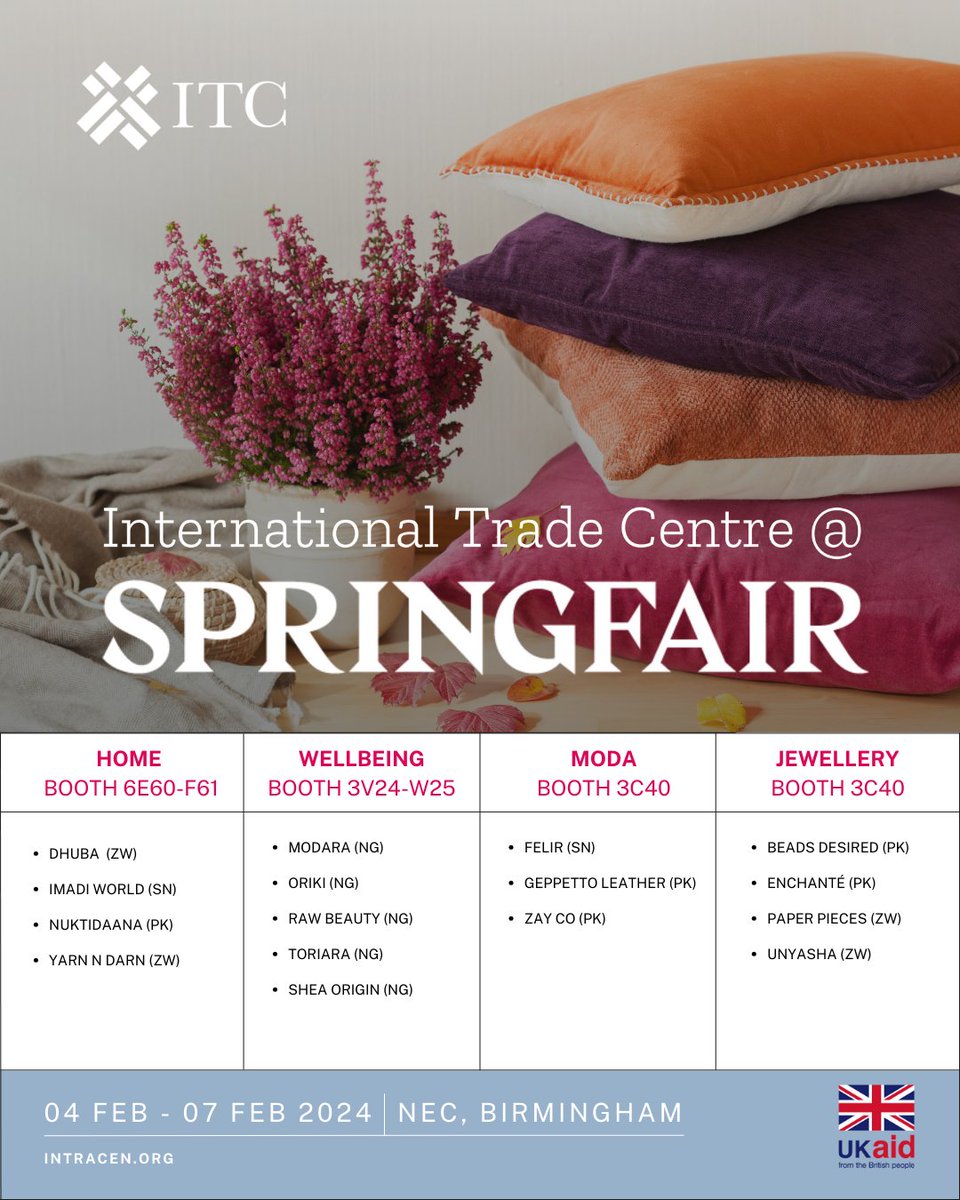 ITCnews's tweet photo. We are supporting 16 women entrepreneurs from 🇳🇬🇵🇰🇸🇳🇿🇼 to exhibit at 🇬🇧's leading wholesale marketplace @SpringAutFair from 4-7 Feb., as part of our projects funded by UK International Development.

Learn more &amp; get a free ticket to visit our booths: https://t.co/V5c2ZGu0yD https://t.co/wdgSQAoCiV
