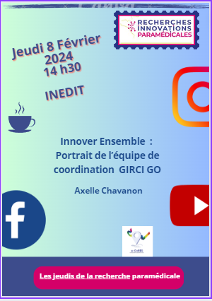 <a href="/RechParamedGO/">Réseau Recherches et Innovations Paramédicales</a>
#JRP  Découvrez ce mois- ci les jeudis de la recherche inédit . Jeudi 08 Février 2024 à 14h30.  Axelle Chavanon vous présentera les coulisses avec la présentation de l'équipe. Inscrivez-vous ➡️bit.ly/3vVTbIh
<a href="/DRCI_chuangers/">Recherche et Innovation - CHU d'Angers</a> <a href="/GuinoiseauK/">Guinoiseau Katty</a>  
<a href="/GcsHugo/">GCS HUGO GCS HUGO</a>