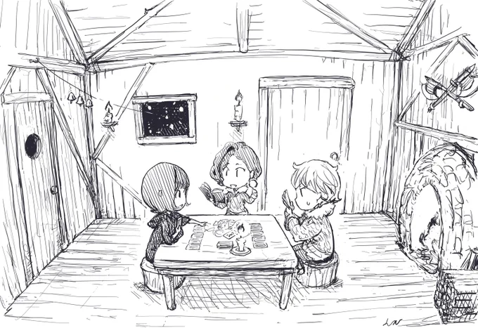 急遽建てた雪山避難小屋の中でのくつろぎタイム。ぷりんWIZARDと真琴BERSERKERはカードゲームに耽る。真琴ちゃんはカードゲームが苦手な模様。見栄子はぷりんWIZARDの魔法書を読書。 -the Sword of KISHI MIEKO- 