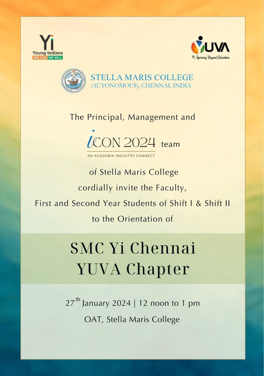 The College is organising an orientation of SMC Yi Chennai Yuva Chapter for our students on 27 January 2024 at 12:00 noon. Venue: OAT

For details, write to industryconnect@stellamariscollege.edu.in

#StellaMarisCollege #IndustryConnect #ICON #Yuva #Yi