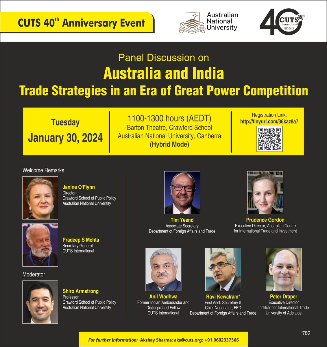 CUTS 40th Anniversary Event in Canberra | January 30, 2024 | 1100-1300 hours (AEDT) Australia & India: Trade Strategies in an Era of Great Power Competition Register: tinyurl.com/36kaz8a7 @psm_cuts @JanineOFlynn @shiroarmstrong @anilwad @PeterDraper5 @ourANU @ANUCrawford