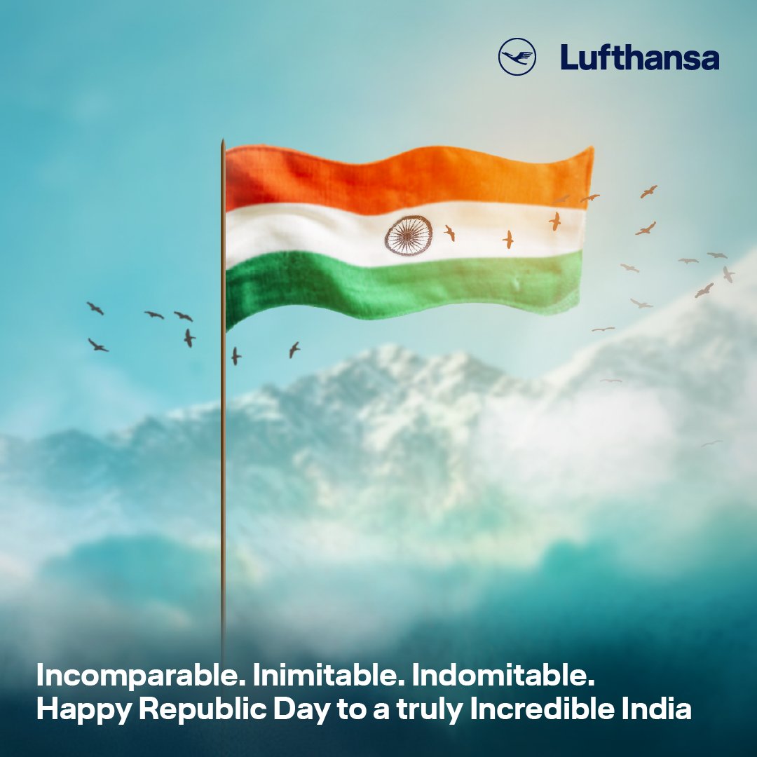 Lufthansa_India's tweet photo. Incomparable. Inimitable. Indomitable. Saluting a truly Incredible India on its 75th Republic Day.
From all of us at Lufthansa, wishing each one of you a day full of joy and celebration on this momentous occasion!
#RepublicDay #RDay2024 #26January #RepublicDayParade https://t.co/8OmmTKCXWR