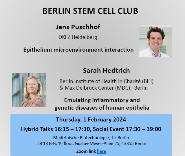 On 1 Feb. is Berlin Stem Cell Club with Sarah Hedtrich @hedtrichlab and @JensPuschhof with new insights into @Epithelia research. Join us on-site or online: bit.ly/GSCNBSCC Afterwards get-together to network! @ChariteBerlin @MDC_Berlin @berlinnovation #stemcells