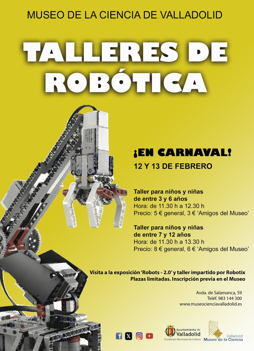 🤖🤖¡No te quedes sin plaza! 12 y 13 de febrero, talleres de robótica para niños a partir de 3 años. Una actividad impartida por Robotix y asociada a la exposición ‘Robots 2.0. ¿Todo controlado?’ . Plazas limitadas, inscripción previa. 

🔗tinyurl.com/42xn442u