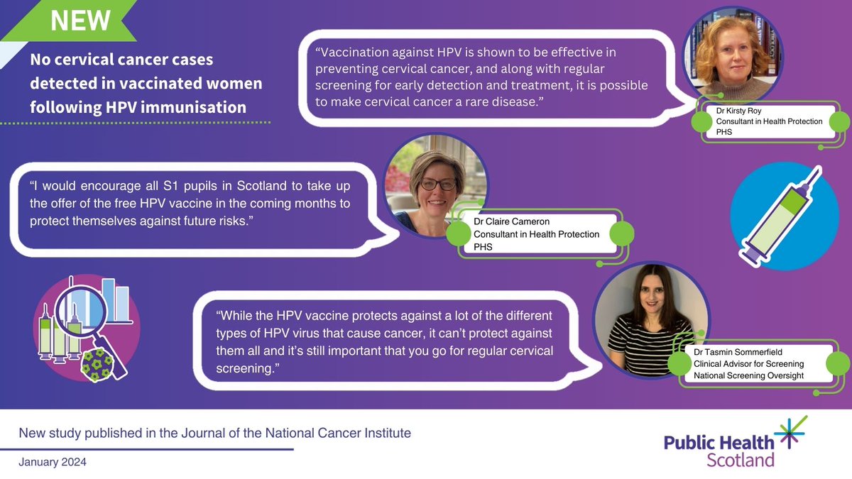 ICYMI: We published a new study that shows no cervical cancer cases have been detected in fully vaccinated women who were given their first dose at age 12-13 since the HPV immunisation programme began in Scotland in 2008.

publichealthscotland.scot/news/2024/janu…

#CervicalCancerPreventionWeek