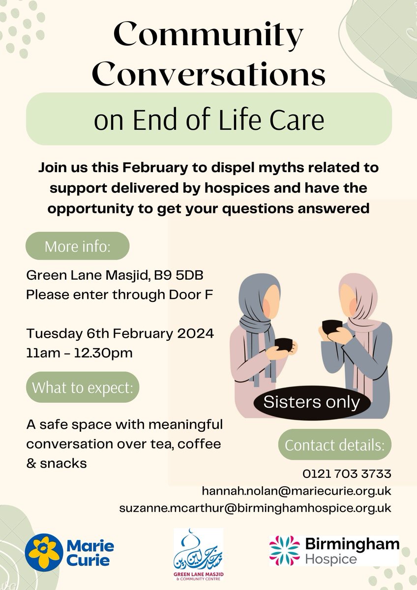 Join us on the 6th February from 11am- 12.30pm for "Community Conversations on End of Life care". Help us to dispel myths related to support delivered by Hospices and have the opportunity to get your questions answered. For more info please call 0121 703 3733 💛