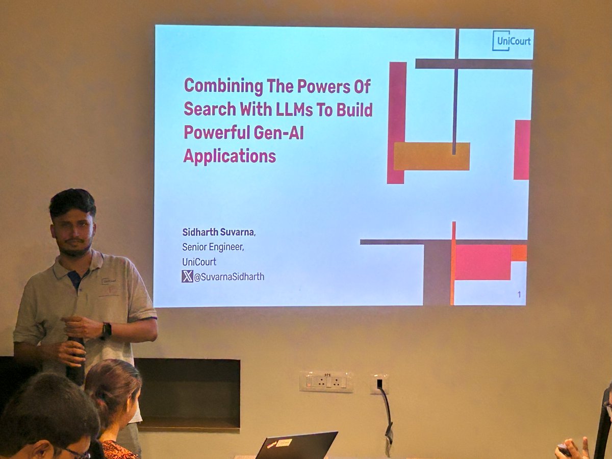 hackmum's tweet photo. Next, we had @SuvarnaSidharth showcasing how @UniCourtInc uses Retrieval-Augmentative Generation #RAG search with #LLM to build domain specific #GenAI apps #TechMang24 https://t.co/MeKBIJQGQ9