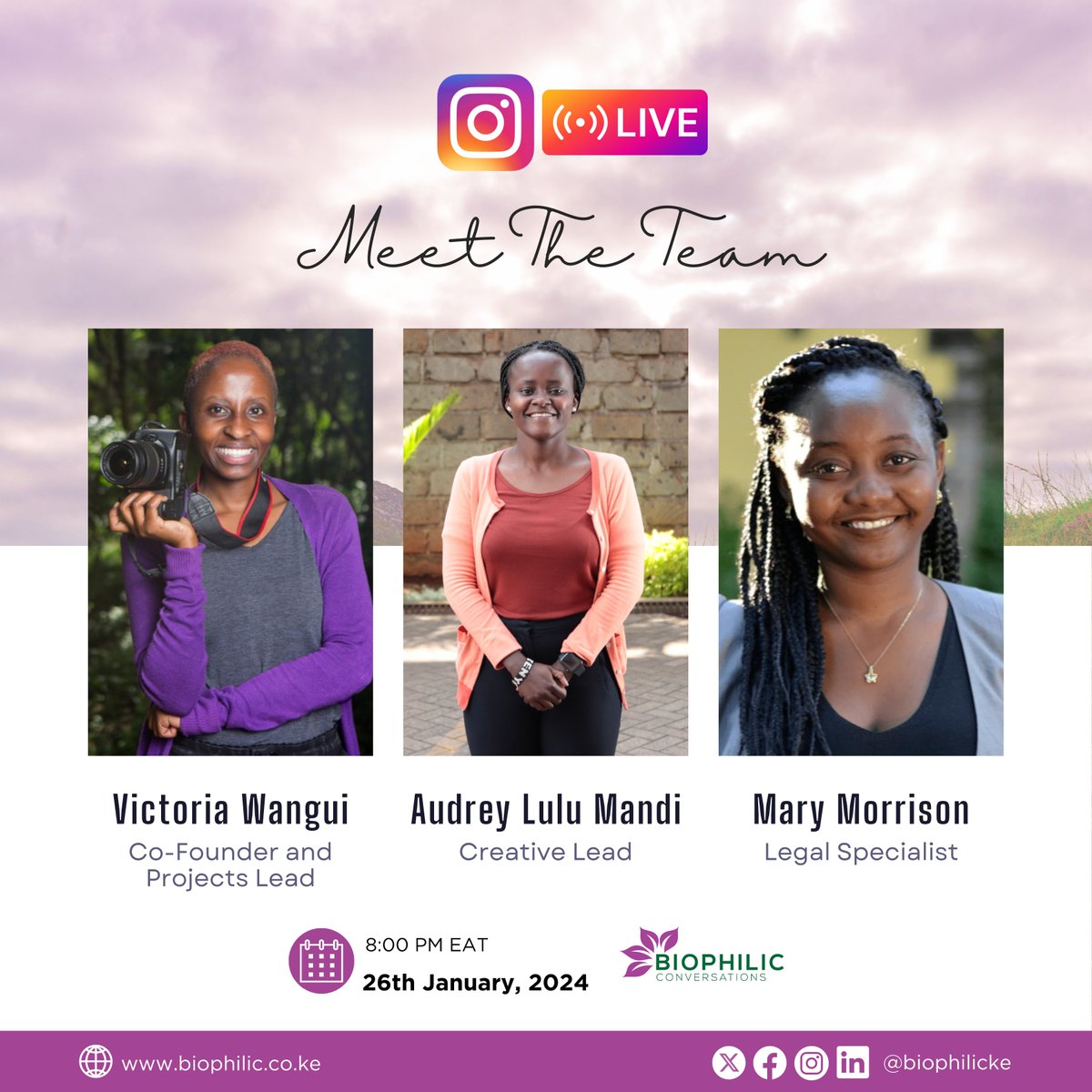 THIS FRIDAY!!

26th January 2024 at 8:00 pm. 

INSTAGRAM LIVE!!!!

Meet the Biophilic Team who curate incredible conversations! 

@vickiwangui @audrey_mandi @mary_morrisonia

#BiophilicConversations #MeetTheTeam #BiophilicSpace #BiophilicLive