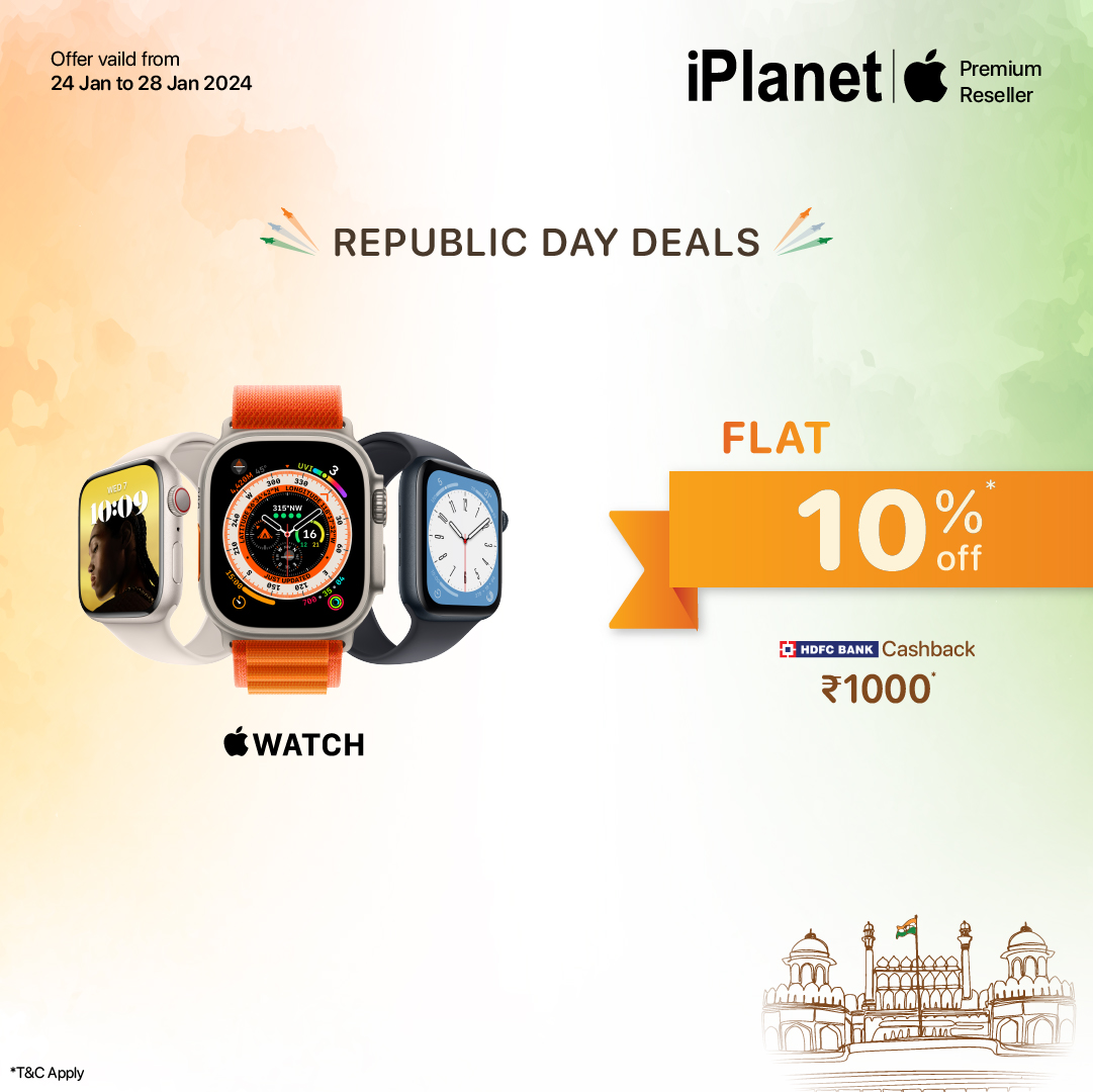 iPlanetOfficial's tweet photo. Enjoy a Flat 10%* off on the Apple Watch Series 8, Ultra, and SE* Celebrate this Republic Day on Smart savings
⭕ Get ₹1000* Cashback on HDFC Cards.
✅️ WhatsApp us: 7397479555
#iPlanet #applewatch #iPhone #Apple #applewatchseries #applewatchpro #fitness #applefit #applefitness #applewatchs8 #applewatchse #applefitnessplus #republicdayindia #india #republicindia #indiaforever #freedom #peace #nationalflag #jaihind #tricolor #republicdaysale