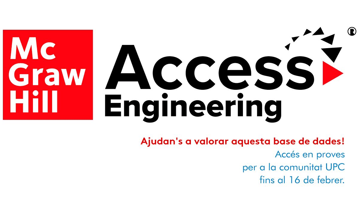 El 23 de gener McGraw Hill va presentar AccessEngineering.

Disposem d'un trial d'accés mitjançant eBIB fins al 16 de febrer de 2024, ​amb l'objectiu de considerar una possible subscripció a <a href="/la_UPC/">Universitat Politècnica de Catalunya (UPC)</a>.

Ajuda'ns a valorar aquesta base de dades!!

bibliotecnica.upc.edu/actualitat/acc…