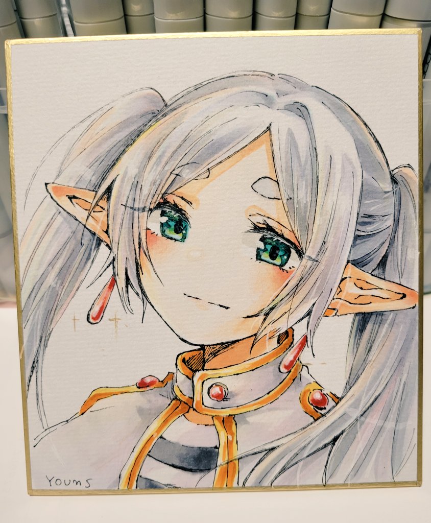 frieren 1girl traditional media solo pointy ears twintails closed mouth jewelry  illustration images