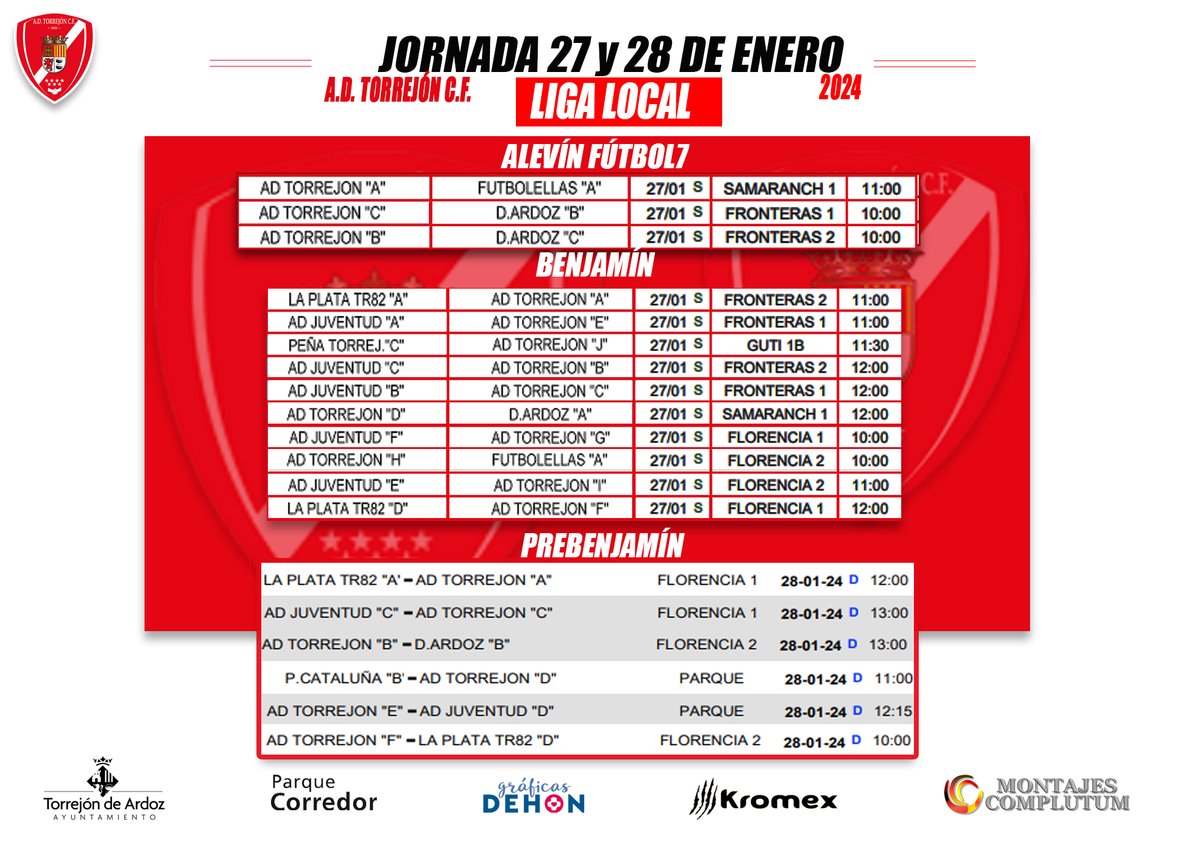 AdTorrejoncf's tweet photo. 🗓️⚽️HORARIOS DE NUESTROS EQUIPOS⚽️🗓️#montajescomplutum #70AniversarioADT @TorrejonDxte https://t.co/vjHpfIw2xD