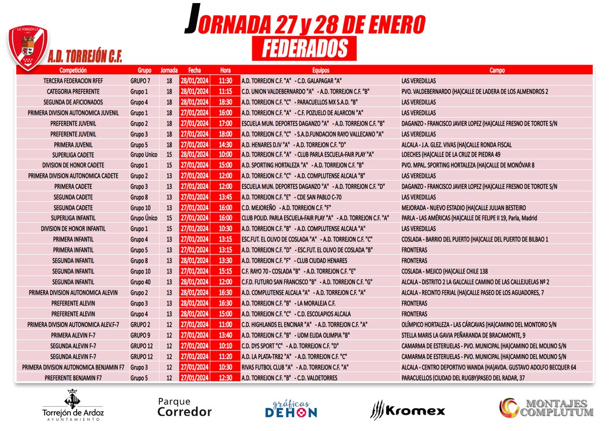 AdTorrejoncf's tweet photo. 🗓️⚽️HORARIOS DE NUESTROS EQUIPOS⚽️🗓️#montajescomplutum #70AniversarioADT @TorrejonDxte https://t.co/vjHpfIw2xD