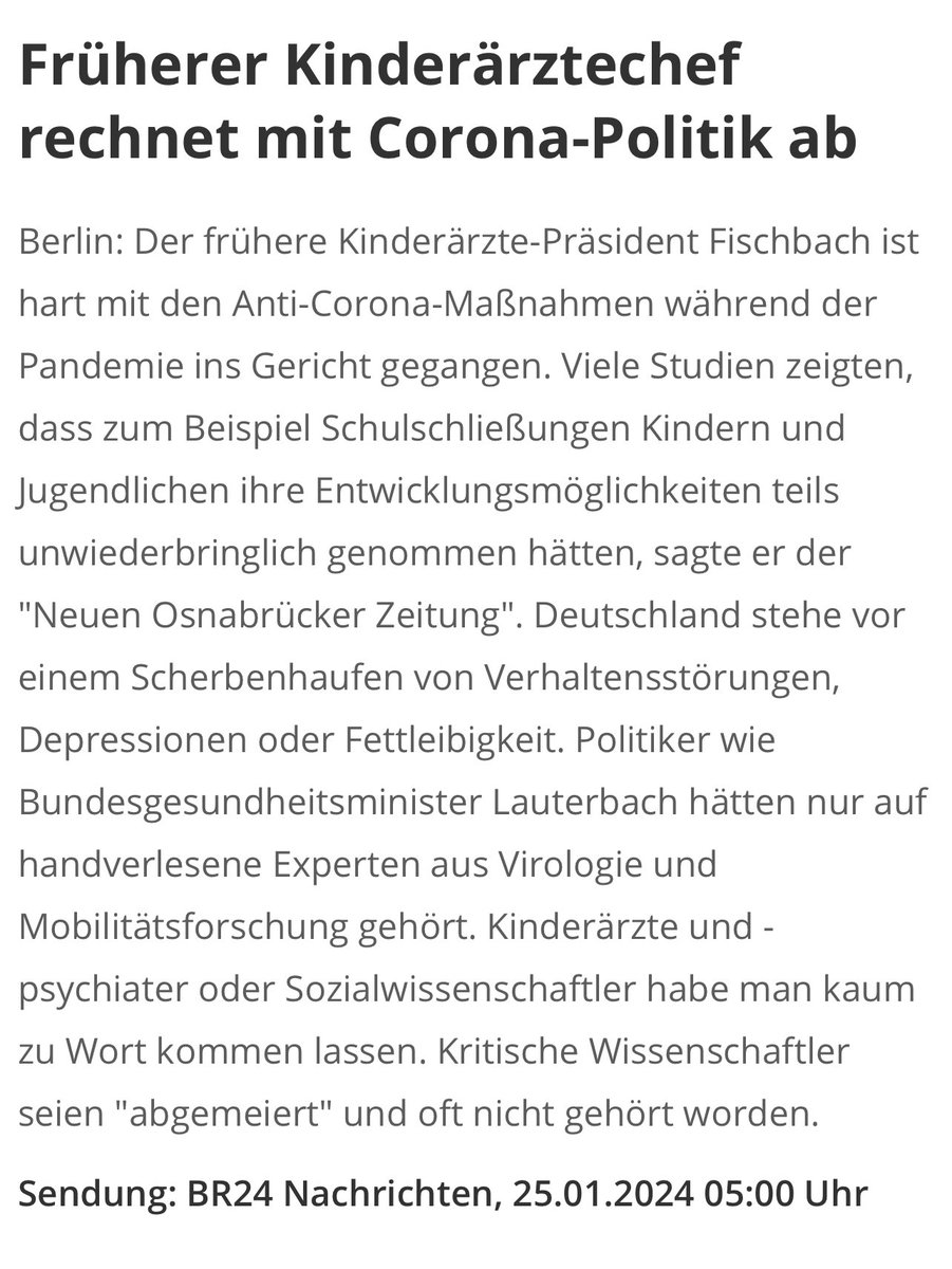 „Deutschland stehe vor
einem Scherbenhaufen von Verhaltensstörungen, Depressionen oder Fettleibigkeit.“ 

Wer hätte das ahnen können… br.de/nachrichten/me…