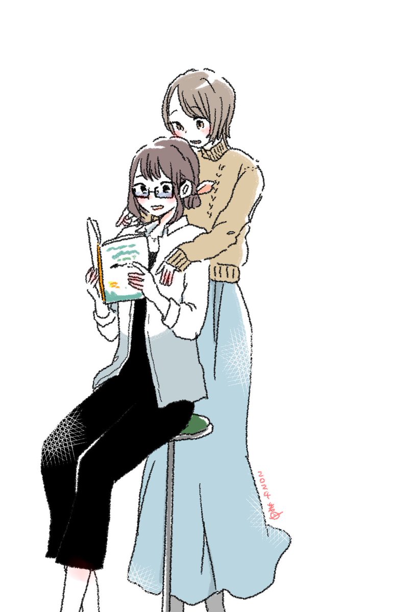 2girls multiple girls glasses brown hair book sitting stool  illustration images