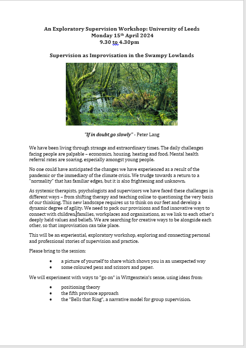 SystemicLeeds's tweet photo. We are excited to host Karen Partridge on 15th April 2024 for a full day exploratory supervision workshop 'Supervision as Improvisation in the Swampy Lowlands'. To book, use this link: https://t.co/B87WVsymxn https://t.co/YNRcsQvcoG