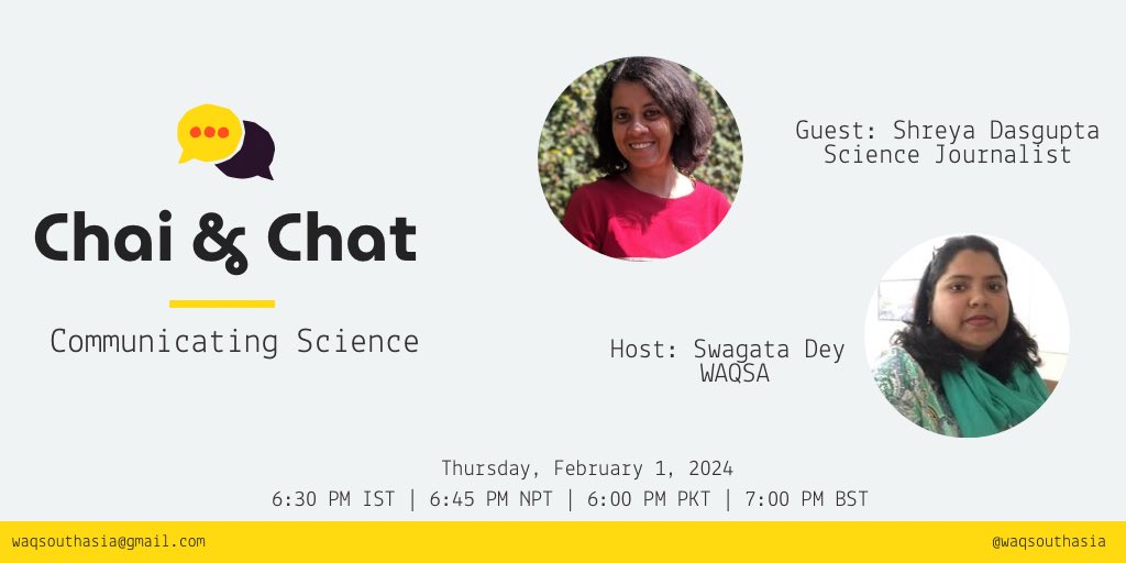 Women in Air Quality in South Asia (@waqsouthasia) on Twitter photo 📣 Join us for the first Chai & Chat session on February 1!
<a href="/swags_d/">Swagata Dey</a> will speak with @ShreyaDasgupta about #SciComm - formats, strategies & best practices!
Register: forms.gle/vTqWbTVjvzcYkH…
#WomenInAQ 📣 Join us for the first Chai & Chat session on February 1!
<a href="/swags_d/">Swagata Dey</a> will speak with @ShreyaDasgupta about #SciComm - formats, strategies & best practices!
Register: forms.gle/vTqWbTVjvzcYkH…
#WomenInAQ