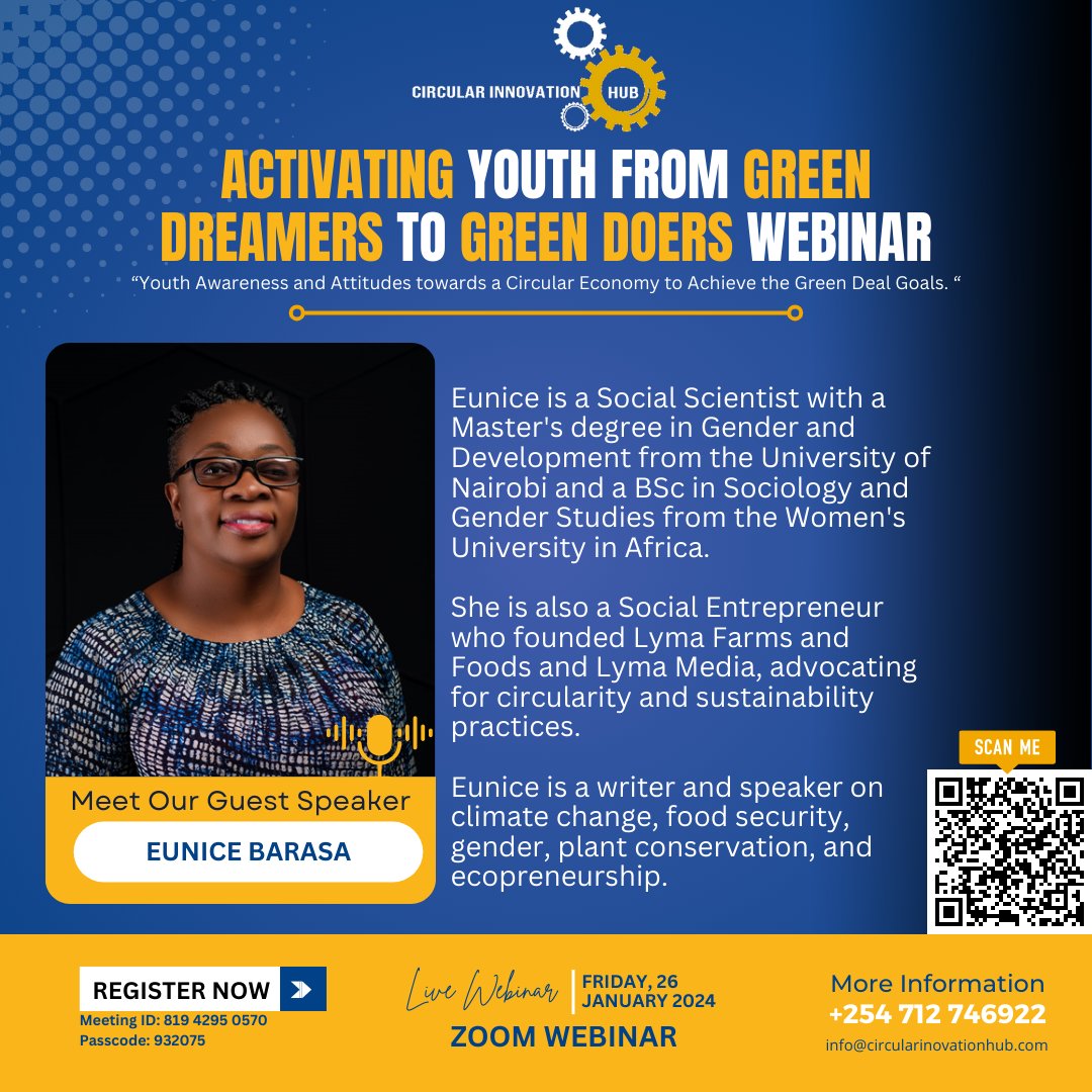 Meet <a href="/EuniceBBarasa/">Eunice Barasa</a> , CEO and founder <a href="/Lymafarms/">Lyma Farms and Foods</a> .One of the key speakers at our upcoming webinar.

Topic: Youth Awareness and Attitudes towards a Circular Economy to Achieve the Green Deal Goals.
Date: 26th January 2024.
Time: 11.00 am to 1.00 pm.
 Zoom: us06web.zoom.us/j/81942950570?…