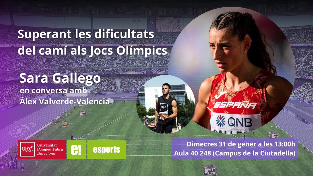 El próximo Miércoles 31 estaré charlando con @SaraGallego4v sobre la superación de dificultades a través del deporte y la conciliación del deporte de Alto Rendimiento con la Universidad. 📍13:00 UPF Campus Ciutadella Aula 40.248 Apúntate gratis aquí: inscripcions.upf.edu/FormInscripcio…