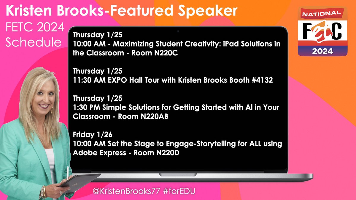 ✨I'm presenting at #FETC 3 times today! Join me! 📱10 AM for Maximizing Student Creativity with iPad Solutions 🎪 Expo Hall Tour 11:30 AM 👩🏼‍💻1:30 PM Simple Solutions for Getting Started with #AI in your Classroom Let’s Learn Together! #forEDU #edtech #education