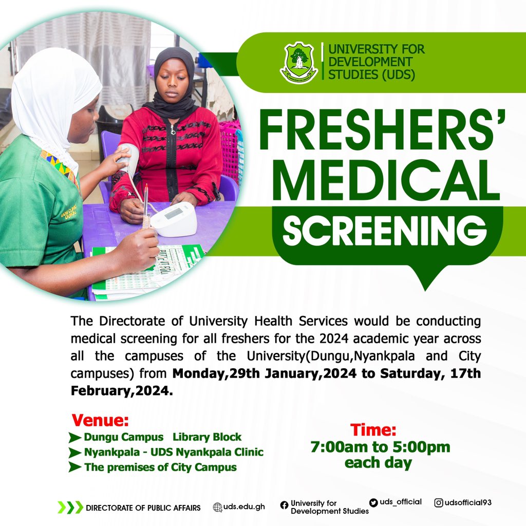 uds_official's tweet photo. FRESHERSβ MEDICAL SCREENING
All freshers are hereby advised to participate in the medical screening at their respective campuses.
Check flyer below for more informationππΎ
#amaraaba
#chooseuds
#PrideoftheNorth https://t.co/3HyXF64Jkd