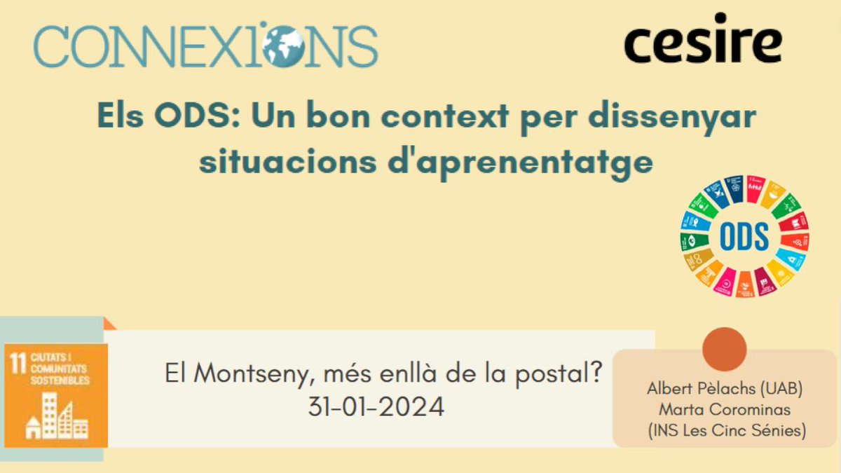 cesirecat's tweet photo. 📢Nova sessió de la formació "ODS: Un bon context per dissenyar situacions d'aprenentatge". Dimecres 31 de gener a les 17h, al canal YouTube del Cesire.
https://t.co/iDERP0feMm https://t.co/L86D0qiJhW