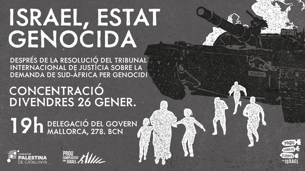 📢 El Tribunal Internacional de Justícia anunciarà les mesures cautelars sobre la demanda de Sud-àfrica divendres 26 a les 13h.

🗓️ CONCENTRACIÓ - Divendres 26 de gener, a les 19h.

📍 Delegació del Govern -BCN