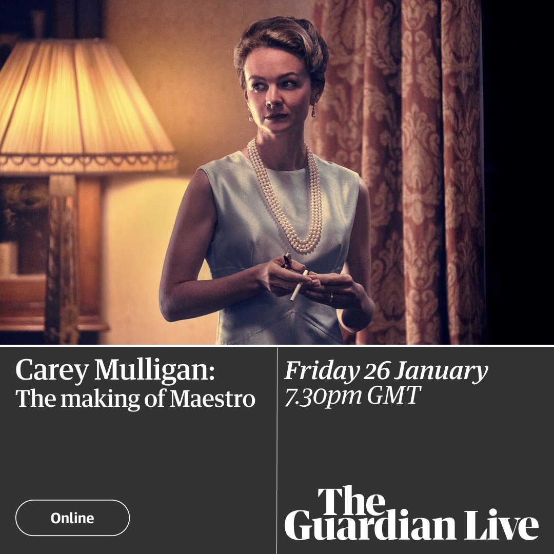 Fresh from her Oscar and Bafta nominations for leading actress in Maestro, Carey Mulligan will join the Guardian's @MsEllenEJones for a special online event to discuss the making of the film, and her incredible career so far. Book a @guardianlive ticket: bit.ly/3RVb7ud